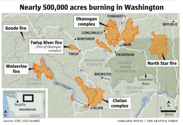 Simultaneous fires across Washington in 2015, just one year after the record breaking Carlton Complex fire in 2014.